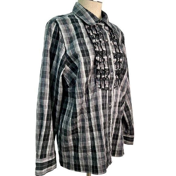Fred David Black & White Plaid Button-Up Shirt Ruffle Detail Size 0X - Picture 3 of 6